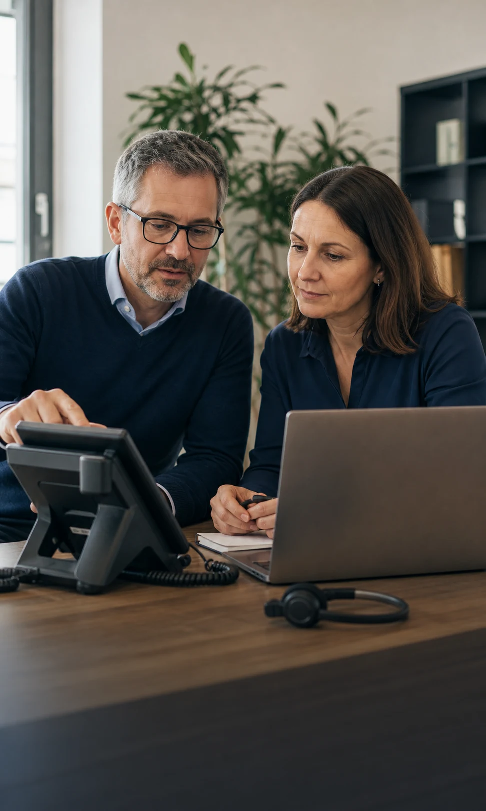 Ein IT-Berater und eine Mitarbeiterin richten gemeinsam ein IP-Telefon ein.