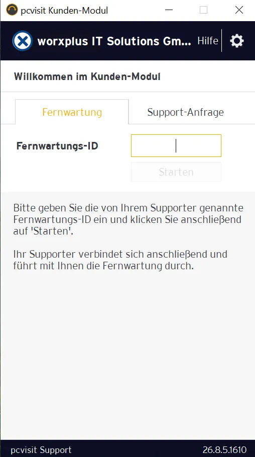 Geöffnetes pcvisit Kunden-Modul von worxplus mit Eingabefeld für die Fernwartungs-ID und Schaltfläche Starten