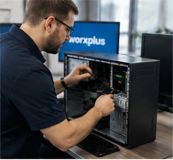 worxplus-Mitarbeiter arbeitet an einem geöffneten, selbst gefertigten PC-System