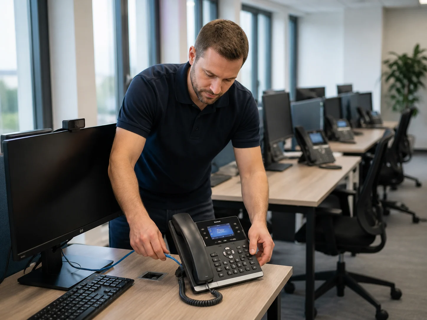 Ein Techniker ergänzt an einem Arbeitsplatz ein weiteres IP-Telefon.
