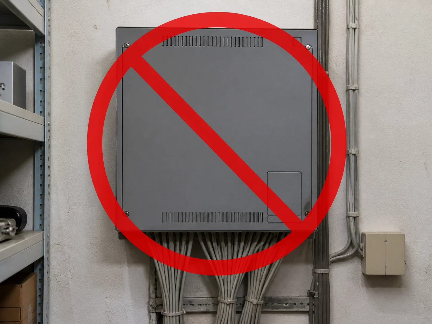 Eine ältere Telefonanlage an der Wand mit rotem Verbotssymbol.