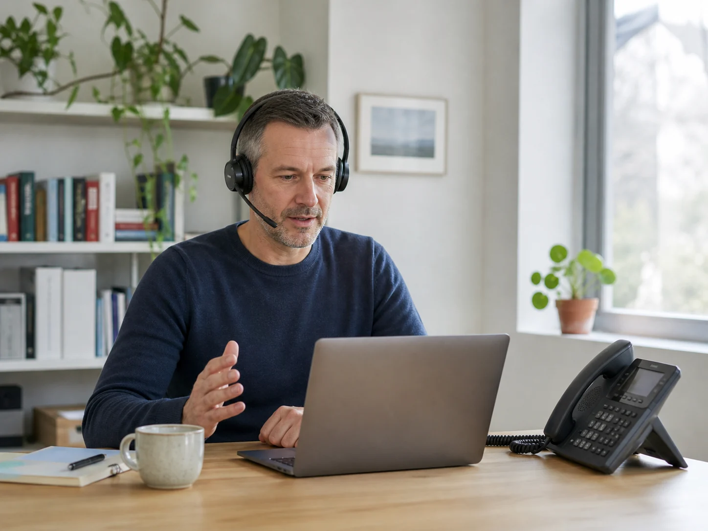 Ein Mitarbeiter telefoniert im Homeoffice über ein Headset.