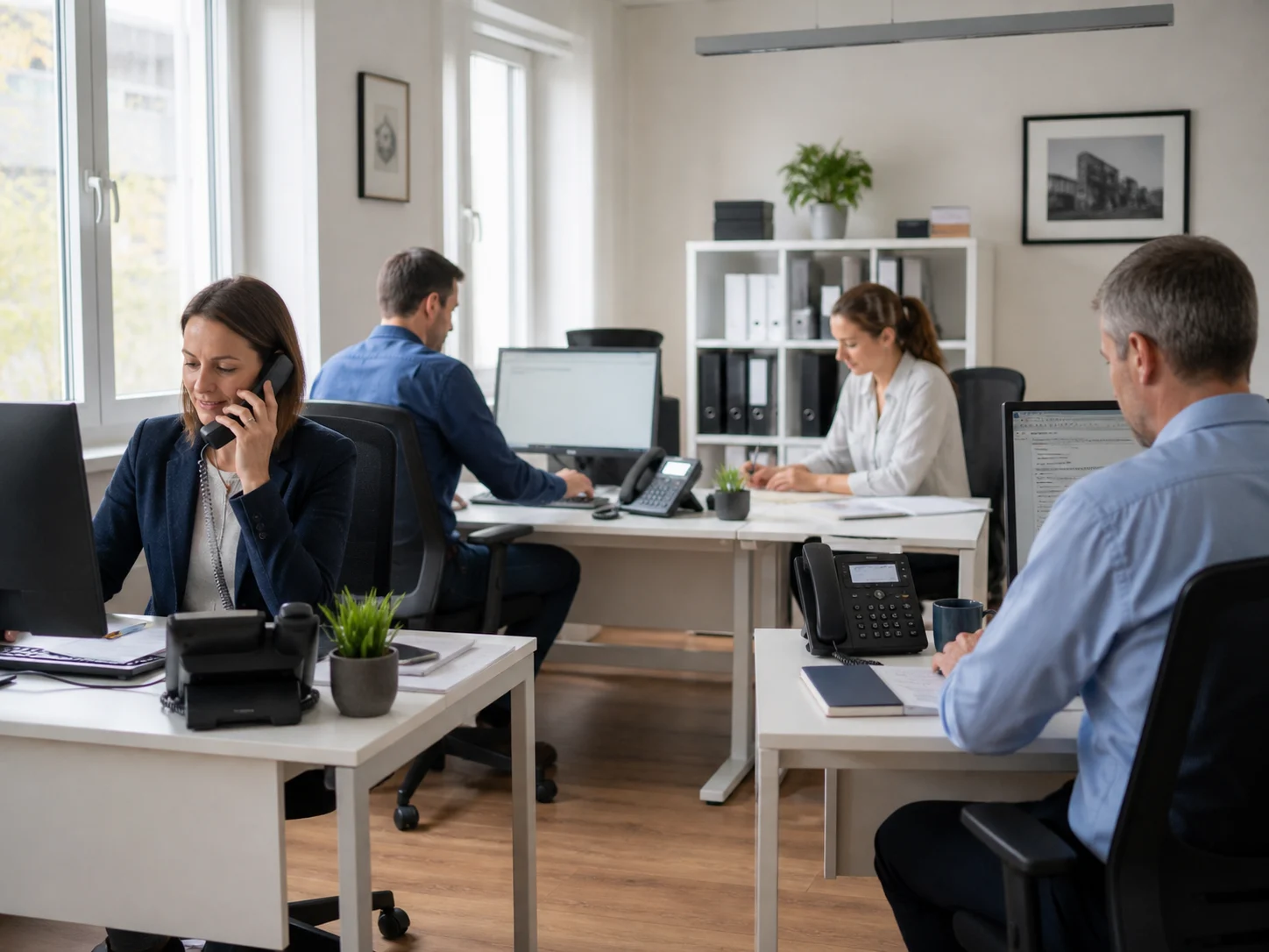 Vier Mitarbeitende in einem kleinen gemeinsamen Büro.
